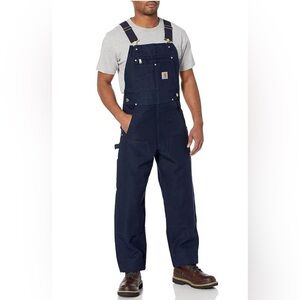 NWT mens Carhartt R01 navy blue unlined duck double front bib overalls 36x32.